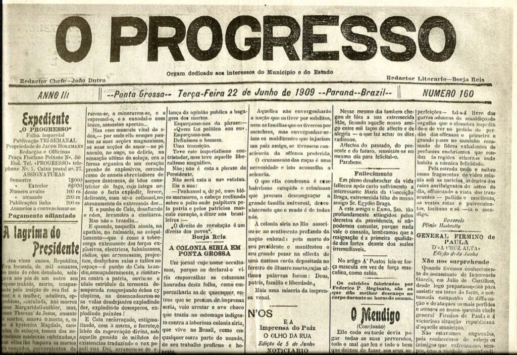 Capa do jornal “O Progresso” - 22 de junho de 1909